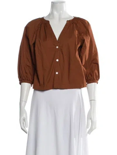 Pre-owned Staud V-neck Three-quarter Sleeve Blouse In Brown