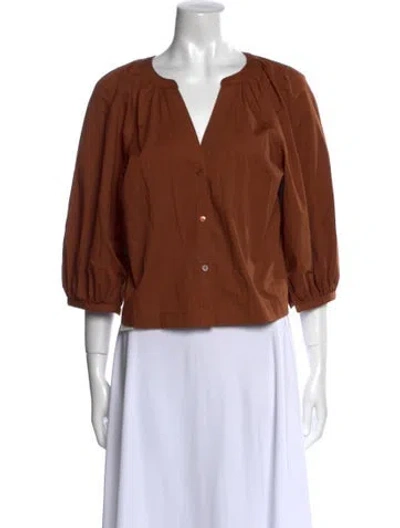 Pre-owned Staud V-neck Three-quarter Sleeve Blouse In Brown