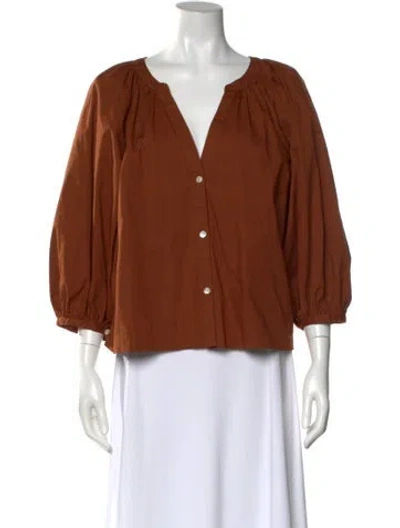 Pre-owned Staud V-neck Three-quarter Sleeve Blouse In Brown