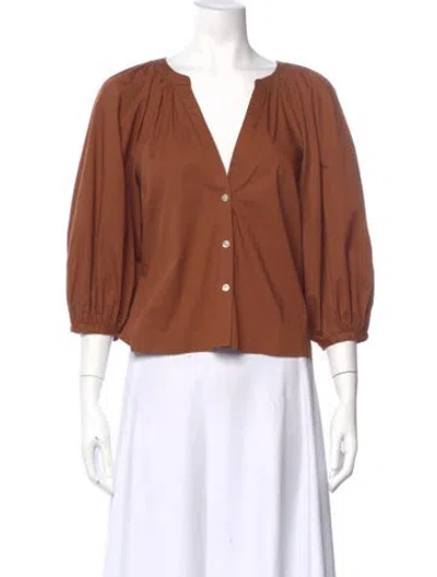 Pre-owned Staud V-neck Three-quarter Sleeve Blouse In Brown