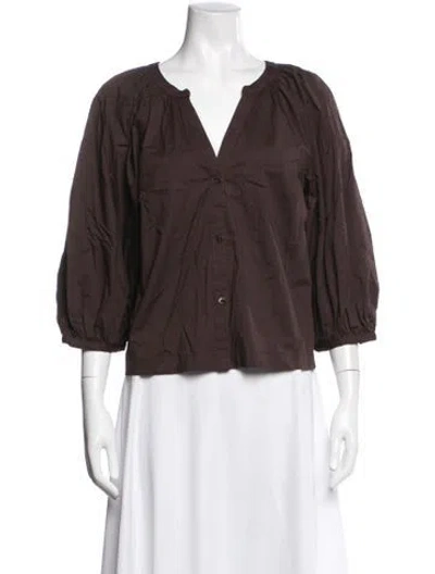 Pre-owned Staud V-neck Three-quarter Sleeve Blouse In Brown