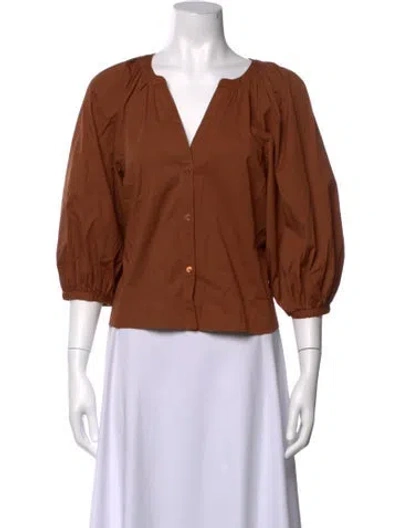 Pre-owned Staud V-neck Three-quarter Sleeve Blouse In Brown