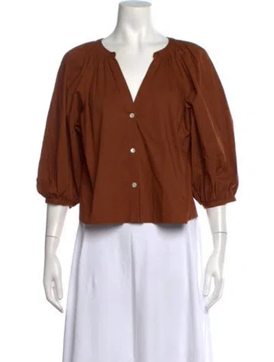 Pre-owned Staud V-neck Three-quarter Sleeve Blouse In Brown