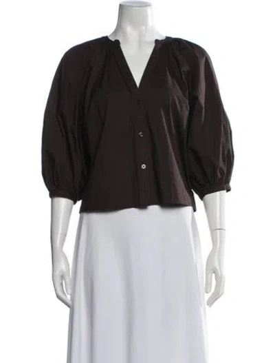 Pre-owned Staud V-neck Three-quarter Sleeve Blouse In Brown