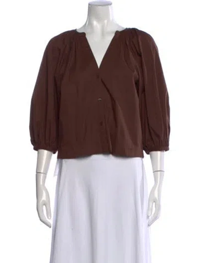 Pre-owned Staud V-neck Three-quarter Sleeve Blouse In Brown