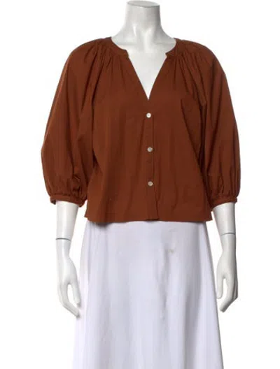 Pre-owned Staud V-neck Three-quarter Sleeve Blouse In Brown
