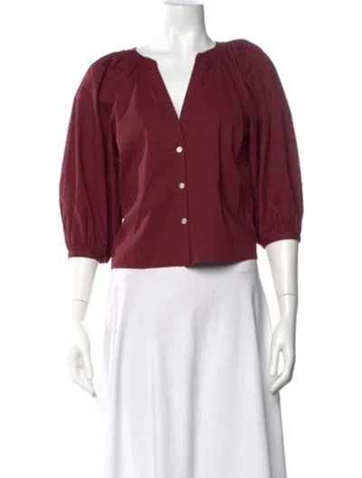 Pre-owned Staud V-neck Three-quarter Sleeve Blouse In Burgundy