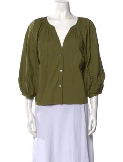 Pre-owned Staud V-neck Three-quarter Sleeve Blouse In Green