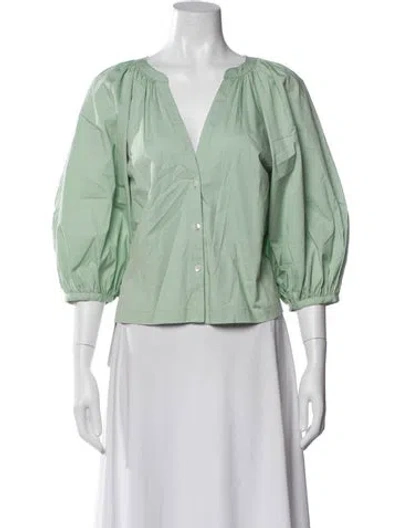 Pre-owned Staud V-neck Three-quarter Sleeve Blouse In Green