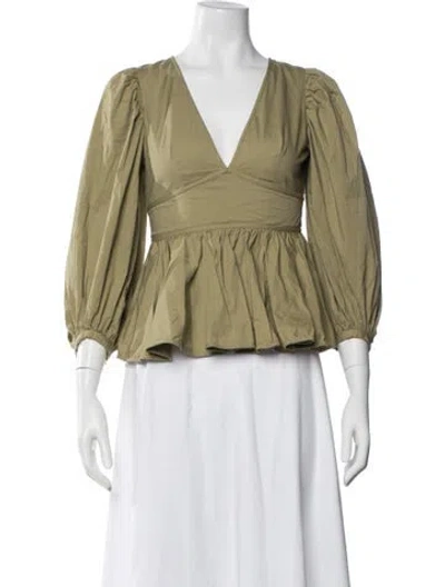 Pre-owned Staud V-neck Three-quarter Sleeve Blouse In Green
