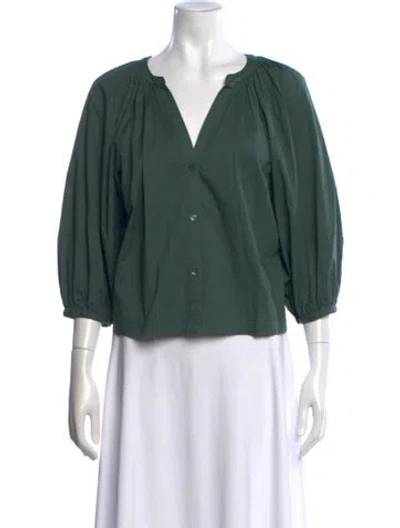 Pre-owned Staud V-neck Three-quarter Sleeve Blouse In Green