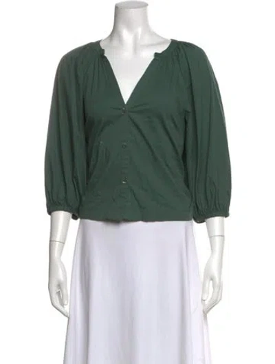 Pre-owned Staud V-neck Three-quarter Sleeve Blouse In Green