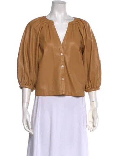 Pre-owned Staud V-neck Three-quarter Sleeve Blouse In Neutral
