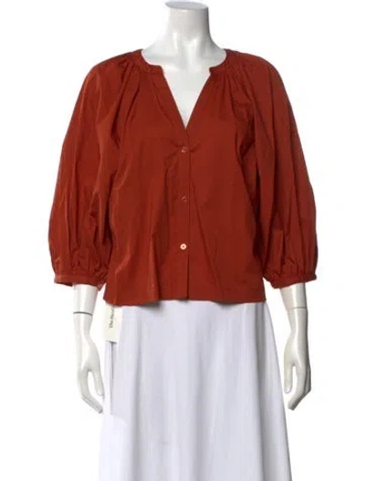 Pre-owned Staud V-neck Three-quarter Sleeve Blouse In Orange