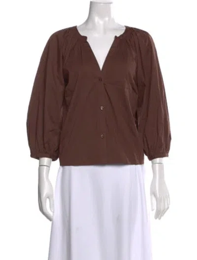 Pre-owned Staud V-neck Three-quarter Sleeve Blouse W/ Tags In Brown