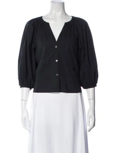 Pre-owned Staud V-neck Three-quarter Sleeve Button-up Top In Black