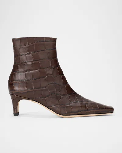 Staud Wally Croc-embossed Leather Ankle Boots In Brown