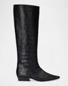 Staud Wally Croc-embossed Leather Flat Knee-high Boots In Black