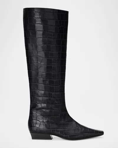 Staud Wally Croc-embossed Leather Flat Knee-high Boots In Black