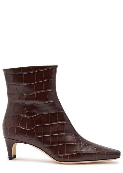 Staud Wally Crocodile-effect Leather Ankle Boots In Brown