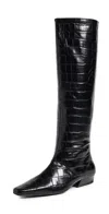 Staud Wally Croc-embossed Leather Flat Knee-high Boots In Black