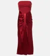Staud Wayfaring Strapless Gathered Satin And Ponte Midi Dress In Red