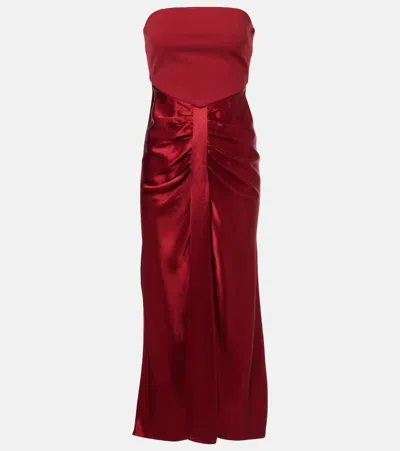 Staud Wayfaring Strapless Gathered Satin And Ponte Midi Dress In Red