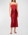 Staud Wayfaring Strapless Gathered Satin And Ponte Midi Dress In Rouge