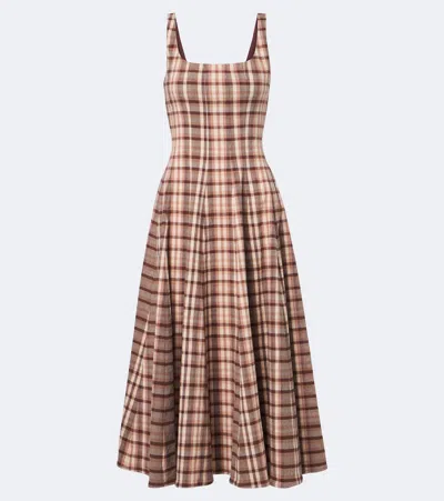 Staud Wells Checked Linen-blend Midi Dress In Brown