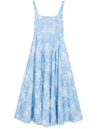 Staud Wells Floral Print Stretch Cotton Midi Dress In Periwinkle Sketchbook Floral