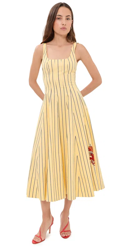 Staud Wells Stripe Stretch Cotton Poplin Midi Dress In Yellow