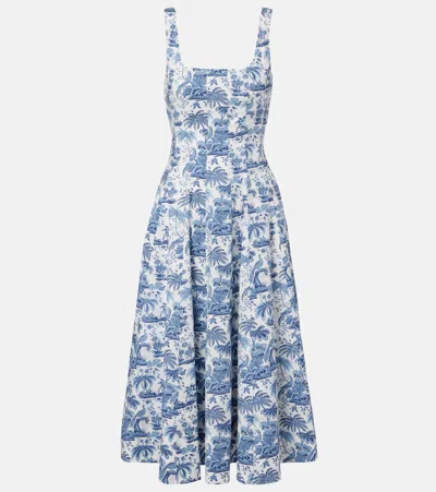 Staud Wells Floral Cotton Poplin Midi Dress In Blue