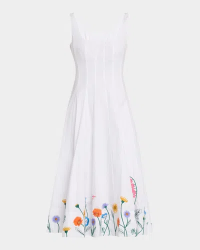 STAUD WELLS FLORAL-EMBROIDERED MIDI DRESS