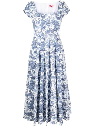Staud Wells Short-sleeve Square-neck Toile Midi Dress In Multi