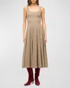 Staud Wells Short Sleeve Stretch Cotton Midi Dress In Mocha Herringbone