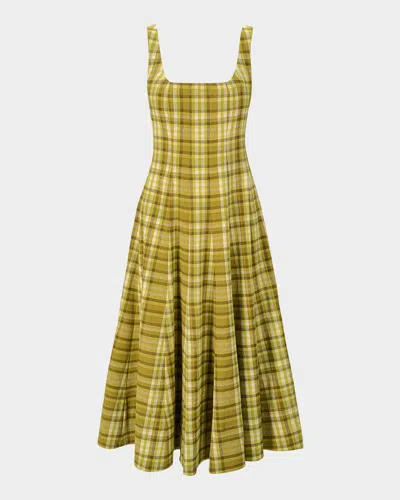 Staud Wells Plaid Midi Dress In Green