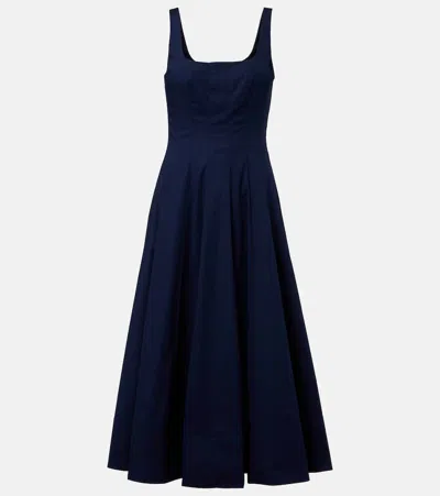 Staud Wells Pleated Cotton Midi Dress In Blau
