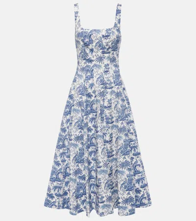 Staud Wells Pleated Printed Stretch-cotton Poplin Midi Dress In China Blue Toile