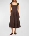 Staud Wells Short-sleeve Poplin Midi Dress In Earth