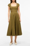 Staud Wells Short Sleeve Stretch Cotton Midi Dress In Sergeant Green