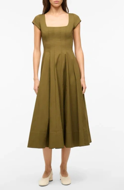 Staud Wells Short Sleeve Stretch Cotton Midi Dress In Sergeant Green