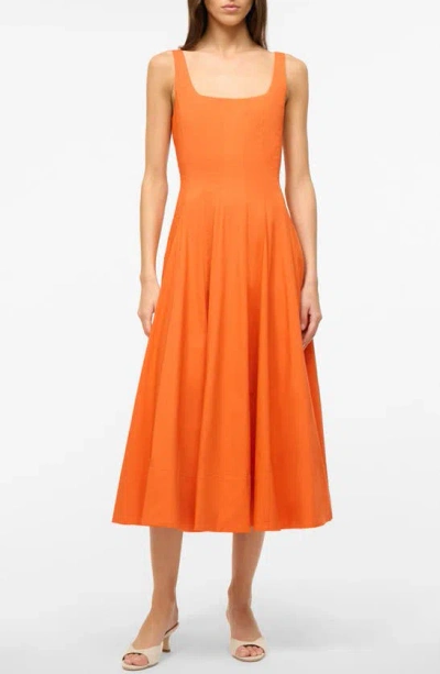 Staud Wells Sleeveless Cotton Poplin Corset Midi Dress In Tangerine