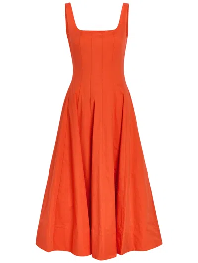 Staud Wells Pleated Cotton-blend Poplin Midi Dress In Orange