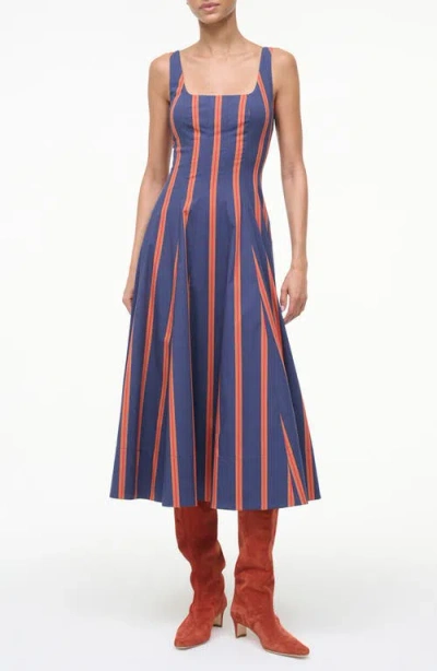 Staud Wells Stripe Stretch Cotton Fit & Flare Midi Dress In Gray
