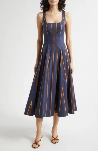 Staud Wells Stripe Stretch Cotton Poplin Midi Dress In Purple