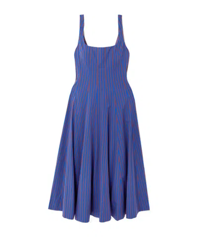 Staud Wells Pleated Striped Cotton-blend Poplin Midi Dress In Blue