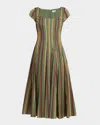 Staud Wells Striped Stretch-cotton Square-neck Midi Dress In Green