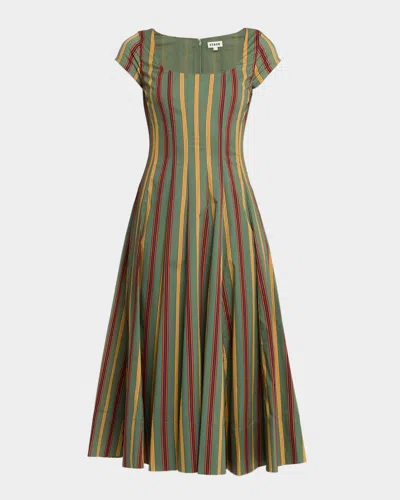 STAUD WELLS STRIPED STRETCH-COTTON SQUARE-NECK MIDI DRESS