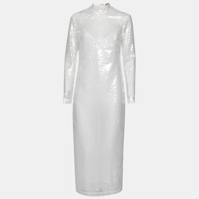 Staud White Sequin Embellished Long Sleeve Midi Dress