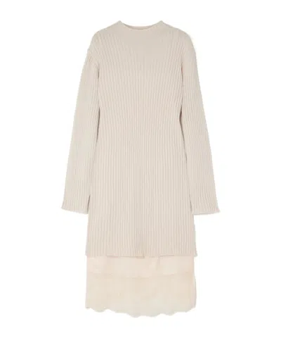 Staud Willow Layered Lace-trimmed Satin And Ribbed Wool-blend Midi Dress In Neutral